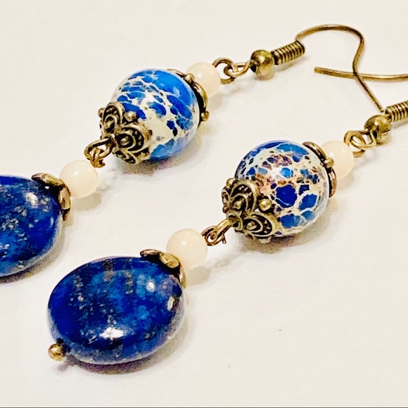 Lapis Lazuli & Blue Sea Sediment Jasper Earrings - Picture 3 of 7